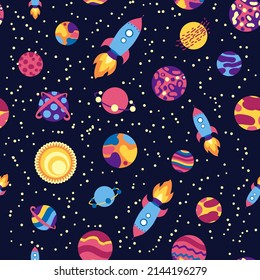 Seamless space pattern. Planets, rockets and stars. Cartoon spaceship. Childish background. Hand drawn illustration.