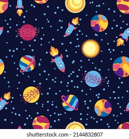 Seamless space pattern. Planets, rockets and stars. Cartoon spaceship. Childish background. Hand drawn illustration.