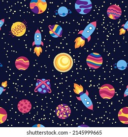 Seamless space pattern. Planets, rockets and stars. Cartoon spaceship. Childish background. Hand drawn illustration.