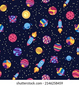 Seamless space pattern. Planets, rockets and stars. Cartoon spaceship. Childish background. Hand drawn illustration.