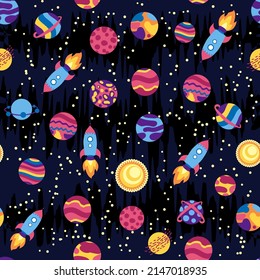 Seamless space pattern. Planets, rockets and stars. Cartoon spaceship. Childish background. Hand drawn illustration.