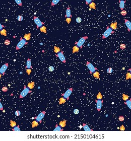 Seamless space pattern. Planets, rockets and stars. Cartoon spaceship. Childish background. Hand drawn illustration.