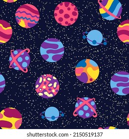 Seamless space pattern. Planets, rockets and stars. Cartoon spaceship. Childish background. Hand drawn illustration.