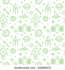 Seamless space pattern. Planets, rockets and stars. Childish background. 