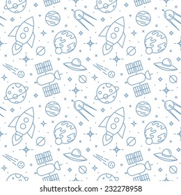 Seamless space pattern. Planets, rockets and stars. Childish background.