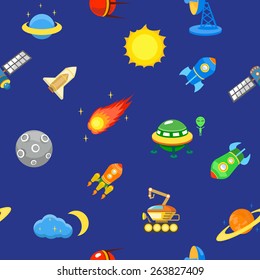 Seamless space pattern.  Planets, rockets and stars. Cartoon spaceship icons. Childish background. 