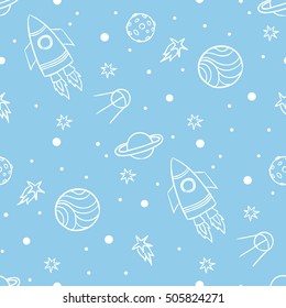 Seamless space pattern. Planets, rockets and stars. Cartoon spaceship icons. Kid's elements for scrap-booking. Children's background.  Hand drawn vector illustration.