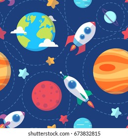 Seamless space pattern. Planets, rockets and stars. Cartoon spaceship icons. Kid's elements for scrap-booking. Childish background. Hand drawn vector illustration