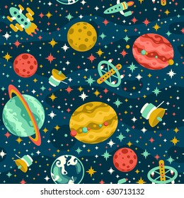 Seamless space pattern with planets and spaceships