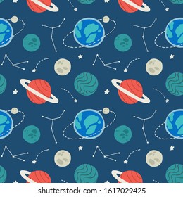 Seamless space pattern with planets and stars. Vector illustration.