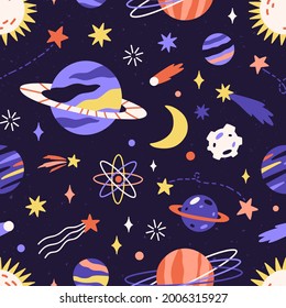 Seamless space pattern with planets and stars in dark sky. Childish galaxy background. Repeatable cosmos texture. Endless universe for printing. Colored flat vector illustration of printable backdrop