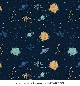 Seamless space pattern with planets, stars and constellations