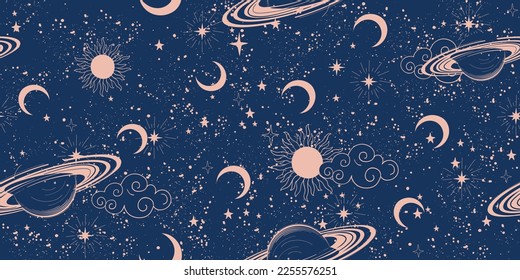 Patrón de espacio sin foco con planetas, sol y nubes sobre un fondo estrellado azul, adorno lunar boho. Cartel celestial místico para astrología, zodiaco, tela. Ilustración vectorial.