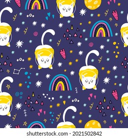 Seamless space pattern with a playful cat in space. Printing on children's clothing,fabrics, wallpaper, dishes, notebooks, albums with white cats in a spacesuit. Doodle style