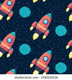 Seamless space pattern with red rocket and moon