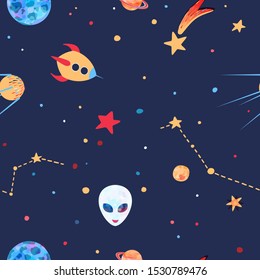 Seamless space pattern with rocket, satellite, planets and stars. Design for children's textiles, cards and wallpapers.