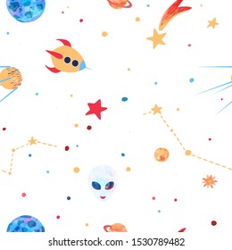 Seamless space pattern with rocket, satellite, planets and stars. Design for children's textiles, cards and wallpapers.