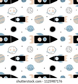 Seamless space pattern. Rockets and planets against the backdrop of outer space. Stars and planets on a white background. Vector illustration. Suitable for printing on fabric, wallpaper, covers.