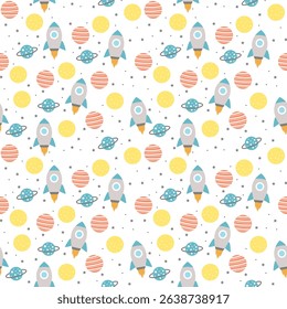 Seamless Space Pattern with Rockets, Planets, and UFOs – Cute Outer Space Vector Background for Kids