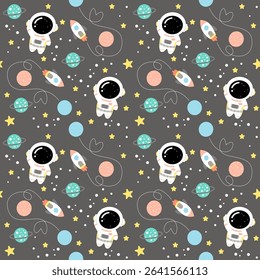 Seamless Space Pattern with Rockets, and Planets – Cute Outer Space Vector Background for Kids