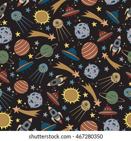 Seamless space pattern with rockets, planets, stars and universe over the dark  background