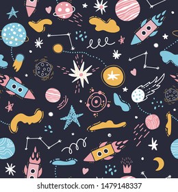 Seamless space pattern. Rockets, stars, planets, the solar system, constellations, cosmic elements. Children vector background. Printing on fabric, textile, paper.