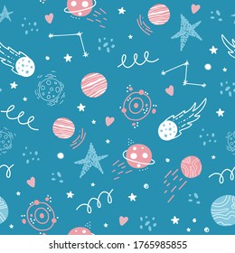 Seamless space pattern. Rockets, stars, planets, the solar system, constellations, cosmic elements. Children vector background. Printing on fabric, textile, paper.