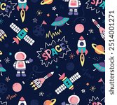 Seamless space pattern with rockets, UFOs, and astronauts for kids