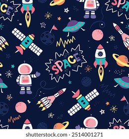 Seamless space pattern with rockets, UFOs, and astronauts for kids