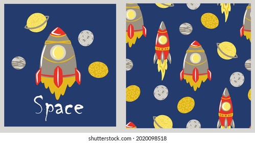 Seamless space pattern with single elements: rocket, planets, Jupiter, Saturn, moon, children's print, universe, space, vector illustration, printing on fabric and stationery, Print