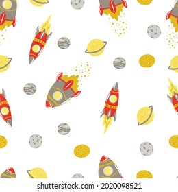 Seamless space pattern with single elements: rocket, planets, Jupiter, Saturn, moon, children's print, universe, space, vector illustration, printing on fabric and stationery, Print