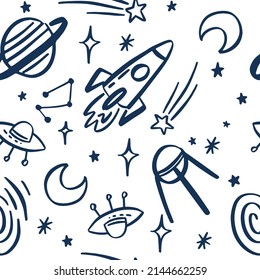 Seamless space pattern. Sketch moon, space planets and hand drawn star vector illustration.