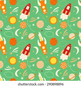 Seamless space pattern. Spaceship, planets and stars. Childish background. Backdrop with hand drawn space elements. Textile texture.