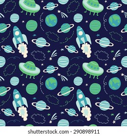 Seamless space pattern. Spaceship, planets and stars. Childish background. Backdrop with hand drawn space elements. Textile texture.