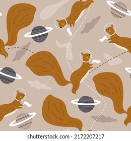 Seamless space pattern with squirrel. Fashionable children's wallpaper. Beautiful wrapping paper. Vector baby background