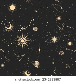 Seamless space pattern with stars, cosmos background in tarot style, astrology magic sky, abstract esoteric ornament, vector