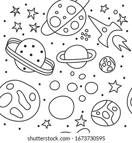 Seamless space pattern, stars, planets and rocket, black and white line space background, hand drawn sketch illustration