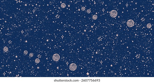 Seamless space pattern with stars and planets on blue background for tarot, astrology. Mystical sky abstract ornament for wallpaper, wrapping paper. Vector illustration.