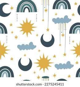 Seamless space pattern with sun, crescent, planets and stars on white background. 