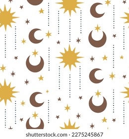 Seamless space pattern with sun, crescent, planets and stars on white background. 