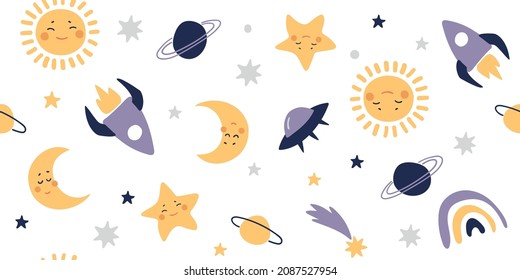 Seamless space pattern with sun, stars and rocket. Cute ornament for fabric, paper, scrapbooking. Space background for a boy, heavenly elements on a white background. Vector illustration.