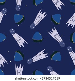 Padrão de espaço sem emenda com OVNIs, meteoros e planetas. Fundo de vetor de desenhos animados plano para têxteis, papel de embrulho e desenhos infantis.