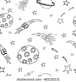 Seamless space set picture. Hand drawn doodle design elements.