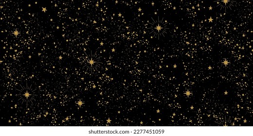 Seamless space tarot pattern with gold stars on a black background for zodiac, mysticism, astrology. Magic sky, abstract esoteric ornament. Vector illustration.