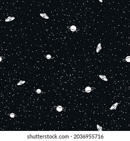 Seamless space ufo pattern. Cosmic background. Seamless vector pattern, Black sky and ufo, white stars background