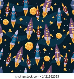 seamless space vector pattern with rockets and stars