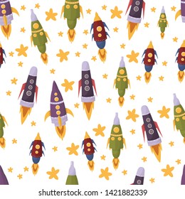 seamless space vector pattern with rockets and stars