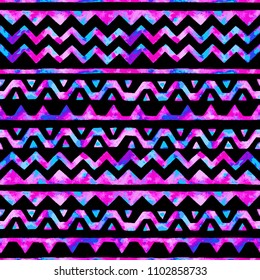 Seamless space watercolor pattern. Bright striped background. Handmade. Vector illustration.