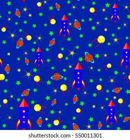 Seamless spaceship pattern planet rocket star on a blue background vector illustration