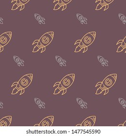 Seamless Spaceship turquoise Large and Small Cross on Violet Background, Hand Drawn Style Vector. Pattern